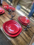 Table setting on handcrafted reclaimed wood Murphy dining table when opened/dropped down