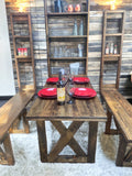 Handcrafted reclaimed wood Murphy Dining Table and Bench Set Opened/drop down position in dark walnut finish
