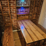 Opened view of Handcrafted Reclaimed wood Murphy Dining Table and benches set with LED cabinet lights optional add on