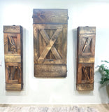 Handcrafted Reclaimed Wood Murphy Dining Table and bench Set hanging on wall in closed position showing cross hatch designs of both table and bench legs