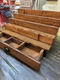 Handcrafted reclaimed wood cologne  and perfume display and storage shelf with drawer storage