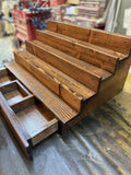 Handmade wood tiered fragrance bottle storage and display shelf with drawer in special walnut finish