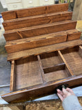 Handcrafted fragrance collection storage and display shelf with hidden drawer opened