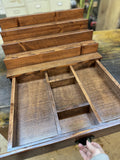 Handmade reclaimed wood perfume cologne storage shelf with hidden storage drawer fully opened