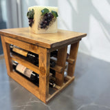 Side view of handcrafted tabletop wine bottle rack and storage shelf
