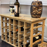 Handcrafted freestanding wine rack with storage shelf top and large 24 bottle capacity