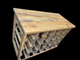 Top view of handcrafted reclaimed wood wine rack with 24 bottle capacity in weathered oak finish