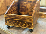 Handcrafted reclaimed wood vinyl record display crate in ranch torched wood finish with optional hooded ball caster wheels