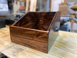 Front view of red oak finish handmade vinyl record storage crate with oil rubbed bronze handles