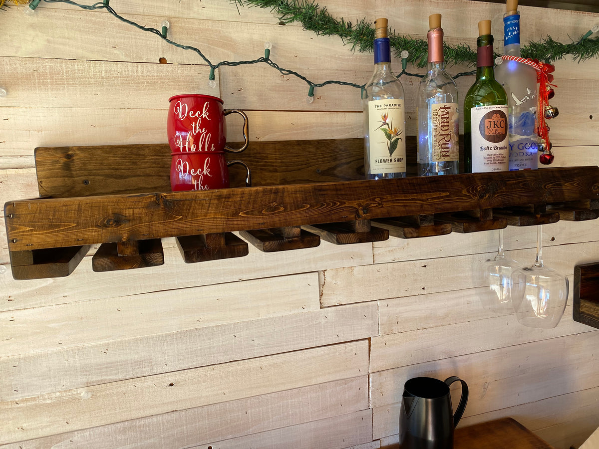 Edged Bar Shelf 8” Deep w/ Wine Glass Rack – Rustic Ranch Creations