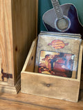 Front view of handmade reclaimed wood record storage crate in rustic finish