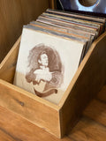 Top view of handmade vinyl record storage and display crate in rustic reclaimed wood finish