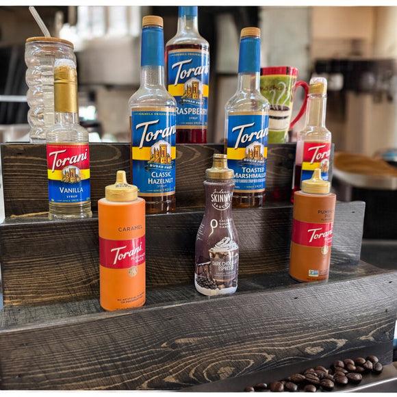 Handcrafted Coffee Syrup Bottle Display Shelf