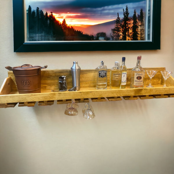 Rustic Floating Bar Shelf w/Martini / Margarita Glass Rack