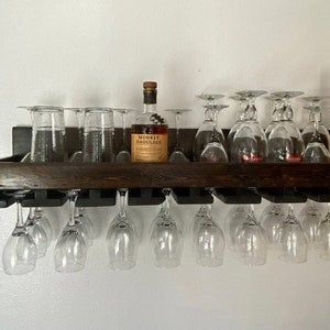 Edged Bar Shelf 8 Deep w/ Wine Glass Rack Rustic-Natural wood with clear finish / 37.5