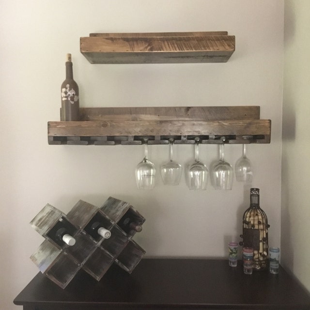 Edged Bar Shelf 8” Deep w/ Wine Glass Rack Rustic-Natural wood with clear finish / 37.5”
