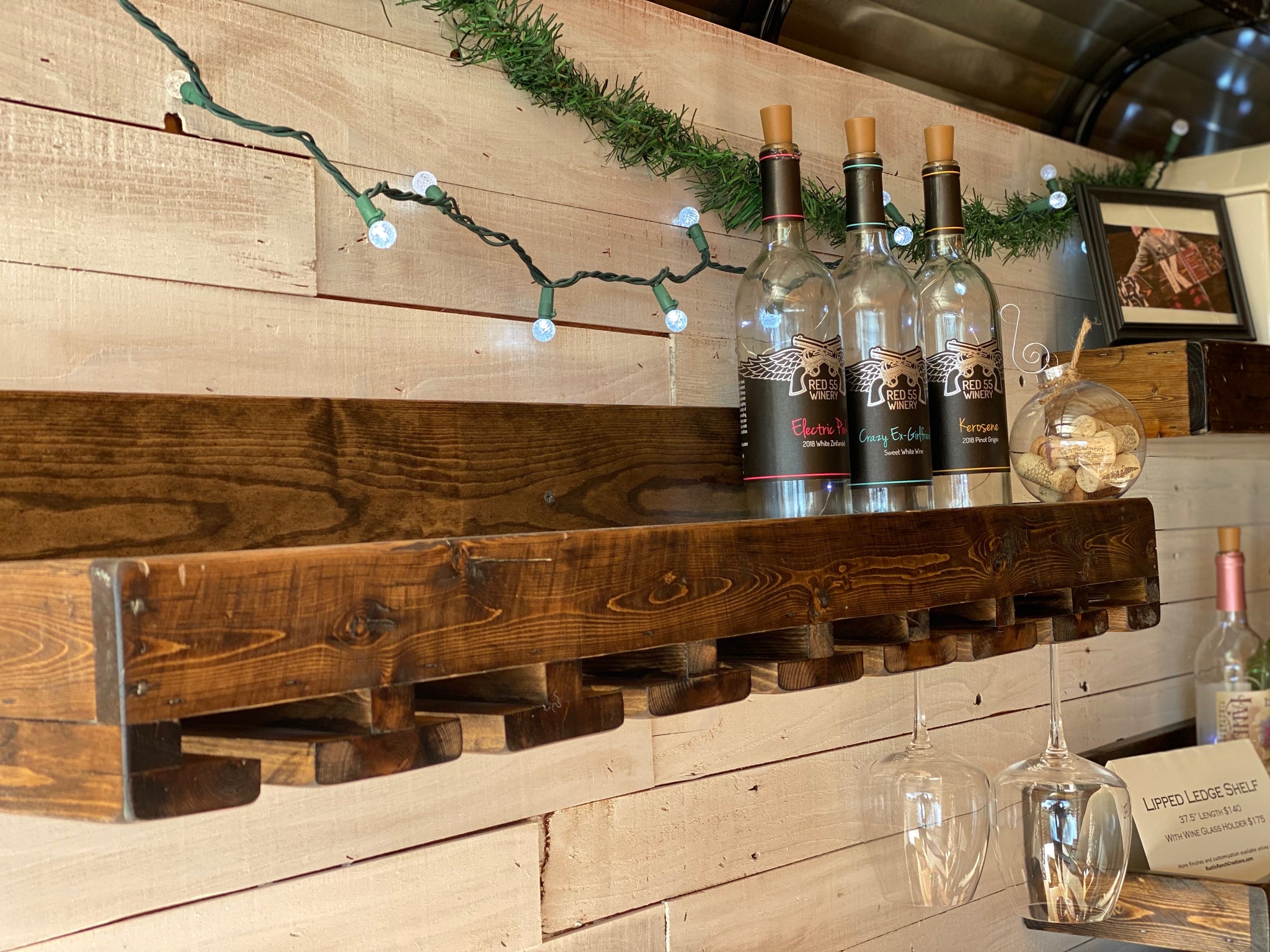 Edged Bar Shelf 8” Deep w/ Wine Glass Rack Red Oak stain with clear finish / 14.5”